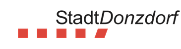 zeigt das Stadt Donzdorf Logo. 5 rote Kacheln und den Schriftzug Stadt Donzdorf